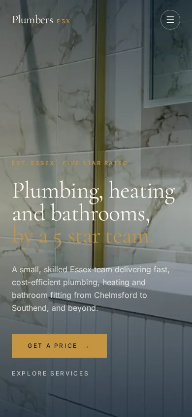 Plumbers ESX website shown at mobile size